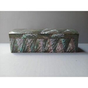 Vintage Iridescent Crackled‎ Abalone Mosaic Humpback Jewelry Box w/red Interior